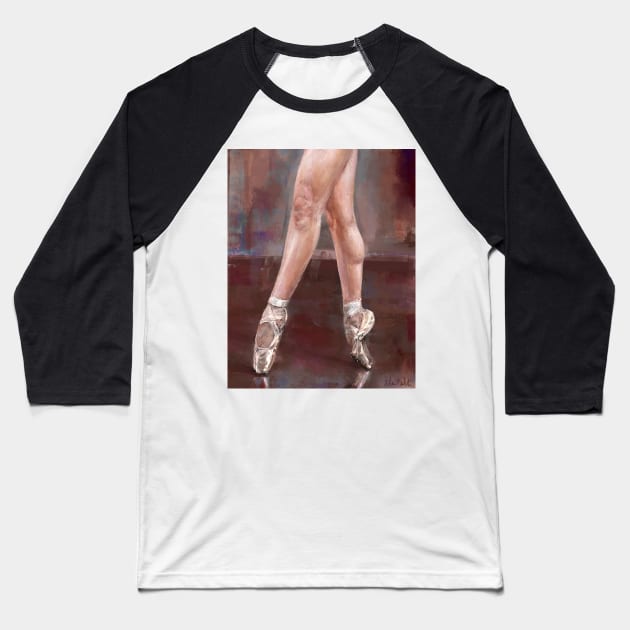 Painting of Ballet Dancer Legs and Shoes on Pointe, Maroon Background Baseball T-Shirt by ibadishi